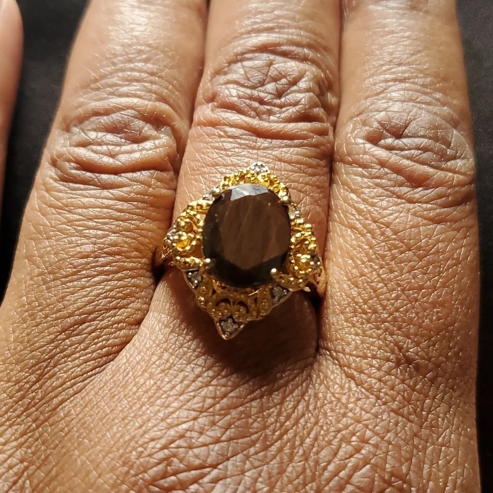 Natural Chocolate Sapphire Zircon Kite shaped Ring in Gold Vermeil - Picture 3 of 8